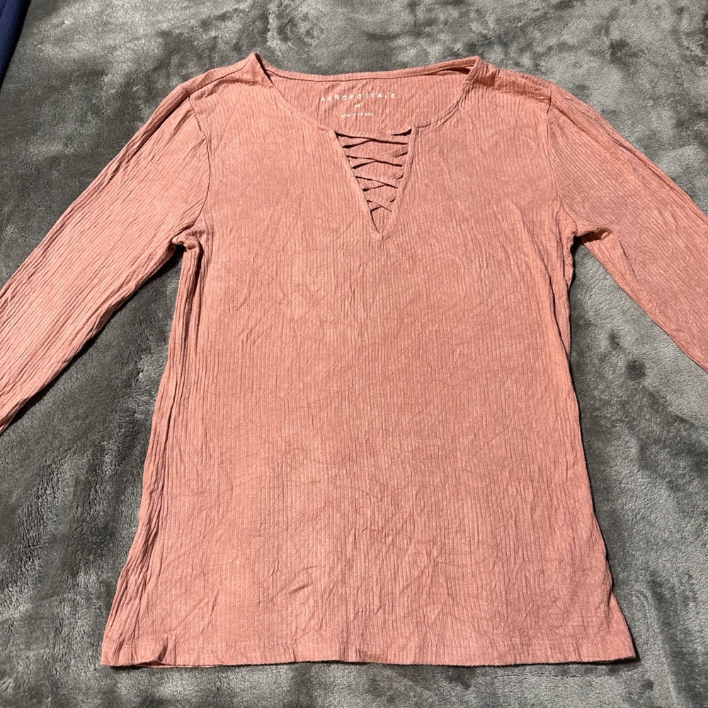 Aeropostale Mauve Lace-Up Crinkle Long Sleeve Top